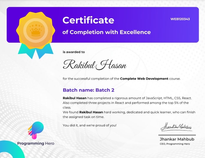 Certificate of Completion with Excellence
